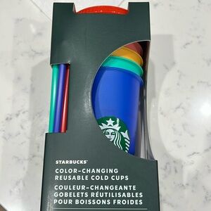 NIB Starbucks Color-Changing Reusable Cold Cups (5 Cups w lids and straws)